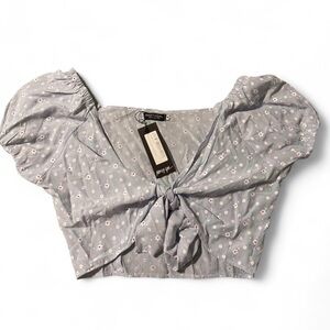 Nasty Gal Light Gray Floral Puff Sleeve Blouse